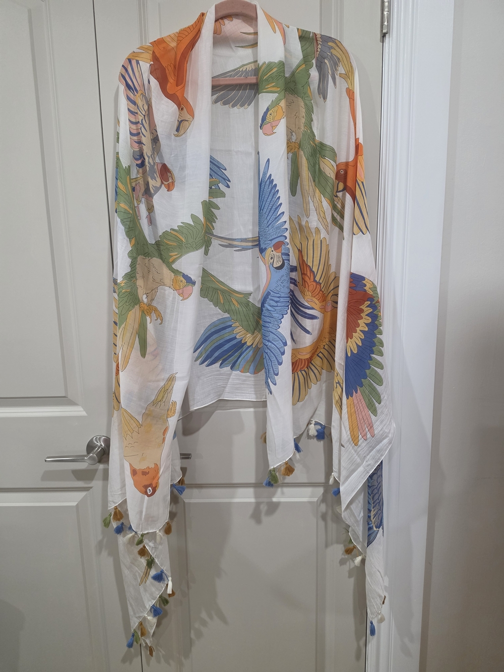 Parrot Print Lightweight Shawl with Multicolor Tassels OS NWOT
